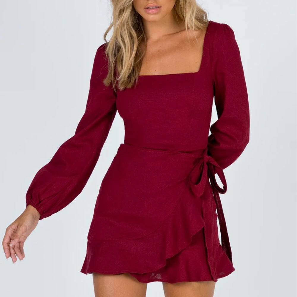 Princess Polly Villa wrap front mini dress in burgundy size 6